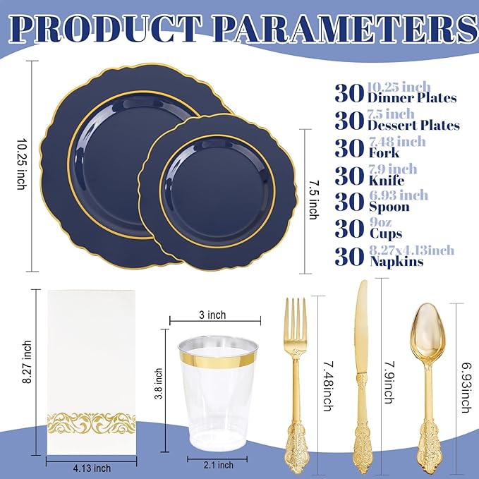 KIRE 210Pcs Navy Blue Plastic Plates - Blue Plates Disposable - 30guest Baroque Plastic Dinnerware for Upscale Wedding/Parties
