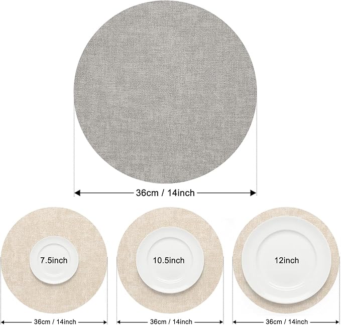 Myir JUN Reversible Vinyl Round Placemats Set of 8, Faux Leather Place Mats Dual Sided Waterproof Wipeable, Heat-Resistant Table Mats for Kitchen Dining Indoor Outdoor (14", Light Gray Cream-White)