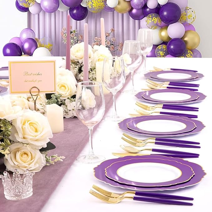 WDF 30Guest Purple Plastic Plates with Gold Rim & Disposable Gold Plastic Silverware With Purple Handle - Baroque Party Plates Mardi Gras Plate for Birthday Parties/Wedding