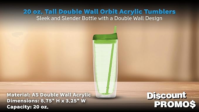 DISCOUNT PROMOS Tall Orbit Acrylic Tumblers 20 oz. Set of 10, Bulk Pack - Perfect for Iced Coffee, Soda, Other Hot & Cold Beverages - Lime Green