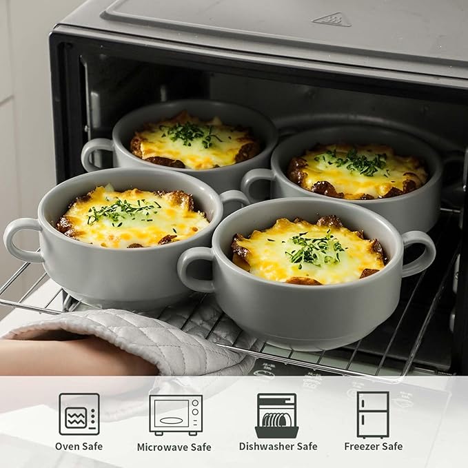 Soup Bowls, 22 oz French Onion Soup Bowls with Handles, Stackable Ceramic Bowls Set of 4, Dinner Bowls for Chili, Beef Stew, Soup, Cereal, Oven Microwave Dishwasher Safe, Matte Gray