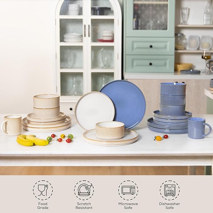 Romswi Stoneware Dinnerware Set for 4, 16Pcs Plates and Bowls Sets with Mugs, Chip & Scratch Resistant Dish Set, Handmade Reactive Glaze Plate Set, Oven,Microwave and Dishwasher Safe, Cappuccino White