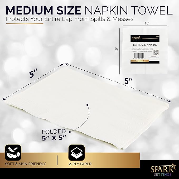 100 Pack White Beverage Napkins, Big Party Pack, 2 Ply, Ideal for Wedding, Party, Birthday, Dinner, Lunch, Cocktails. (5” x 5”) by Amcrate