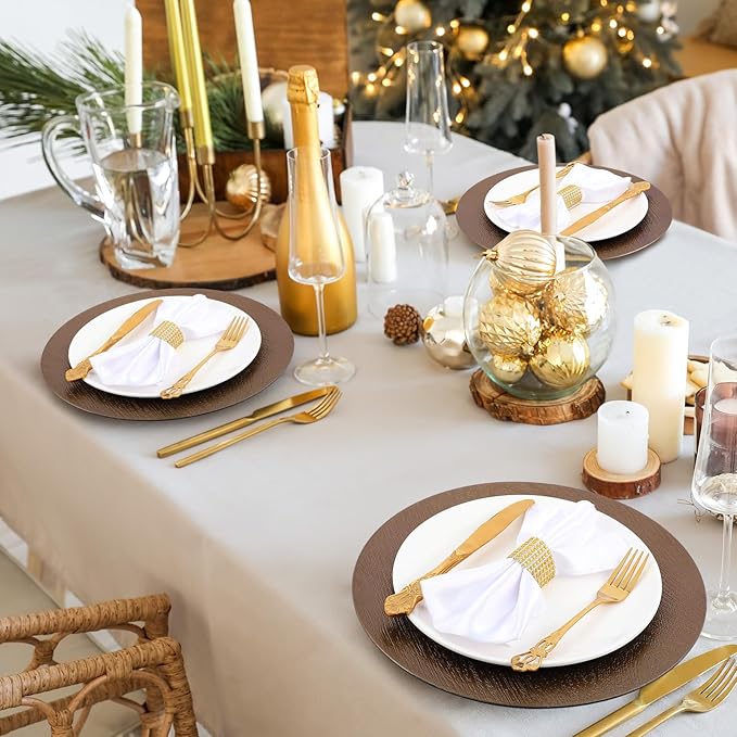 Mifoci 100 Pcs Faux Wooden Charger Plates 13 Inch Round Rustic Plastic Plates Antique Design Bulk Decorative Chargers for Dinner Tray for Wedding Dinner Table Farmhouse Party Event (Brown)