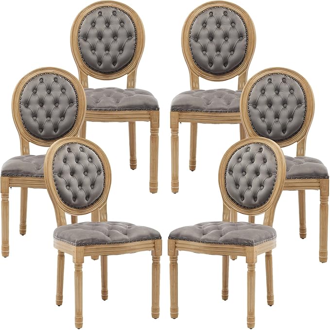 Vintage French Dining Chairs Set of 6, Round Back Velvet Upholstered Accent Chairs with Nailhead Trim and Solid Wood Frame, Elegant Sillas de Comedor for Dining Room & Kitchen, Gray