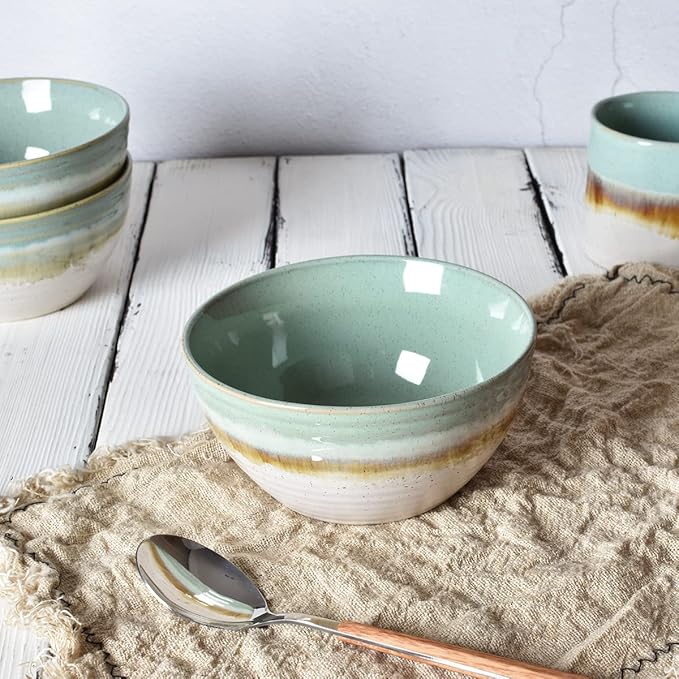 Bosmarlin Ceramic Cereal Bowl Set of 4, 26 Oz, Green Soup Bowl for Oatmeal, Salad, Dishwasher and Microwave Safe, Reactive Glaze (Green, 6 in)
