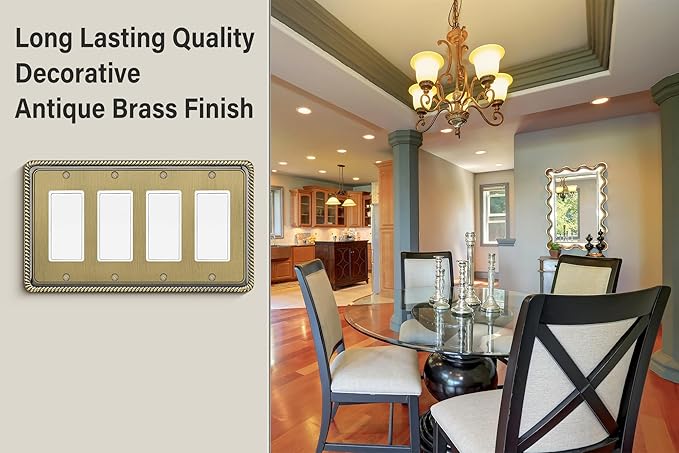 Henne Bery Rope Edge Decorative Wall Plate Switch Plate Outlet Cover (Quad Decorator, Antique Brass)