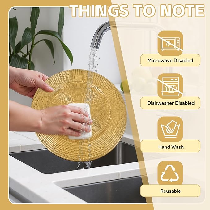 100 Pcs Gold Charger Plates Bulk, 13" Reusable Reef Serving Gold Chargers for Dinner Plates , Round Plastic Shiny Decorative Charger Plate for Wedding, Catering, Parties, Restaurant, Home Dinner Use