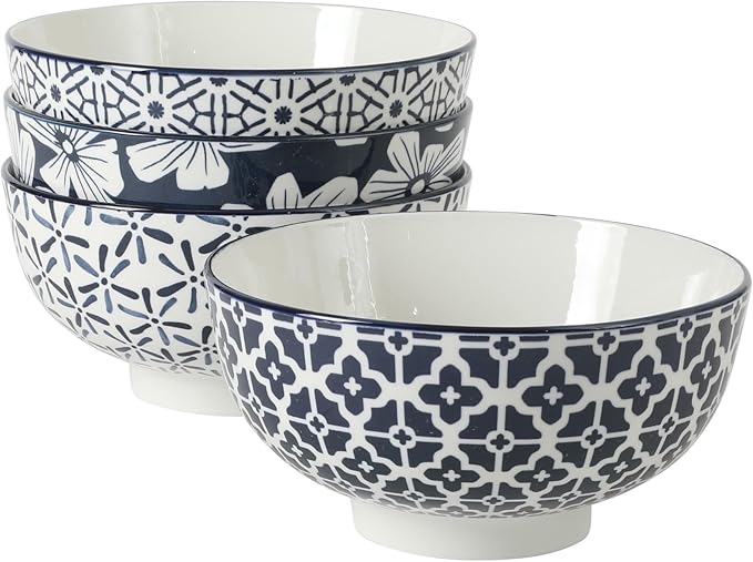 Gibson Home Castle Way 4-Piece Serving Bowl Set, 8 Inch Round Stoneware Bowls, Blue & White Assorted Pattern, Decorative Everyday Use