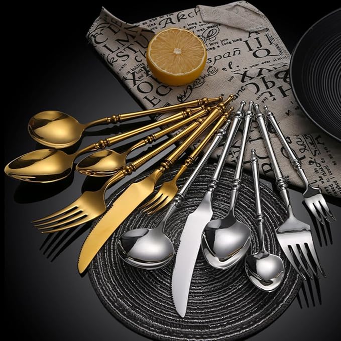 Gold Silverware Set for 10 Premium 18/10 Stainless Steel Flatware Set 40 Piece Include Knives Forks and Spoons Cutlery Utensils Light Luxury Vintage Style for Home Kitchen Christmas Restaurant