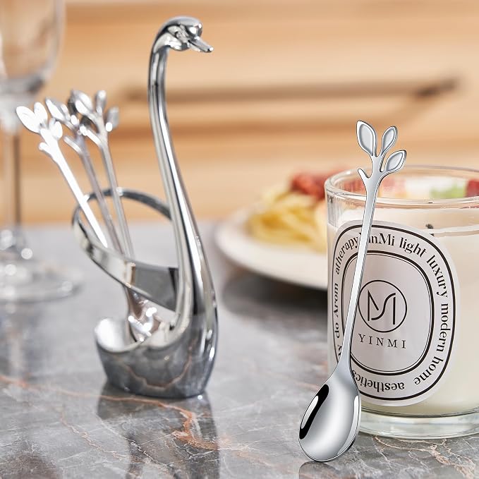 AnSaw Silver Swan Base With 10-Pcs Mini Leaf Coffee Spoon Holder Set-4.7" | - Image 4