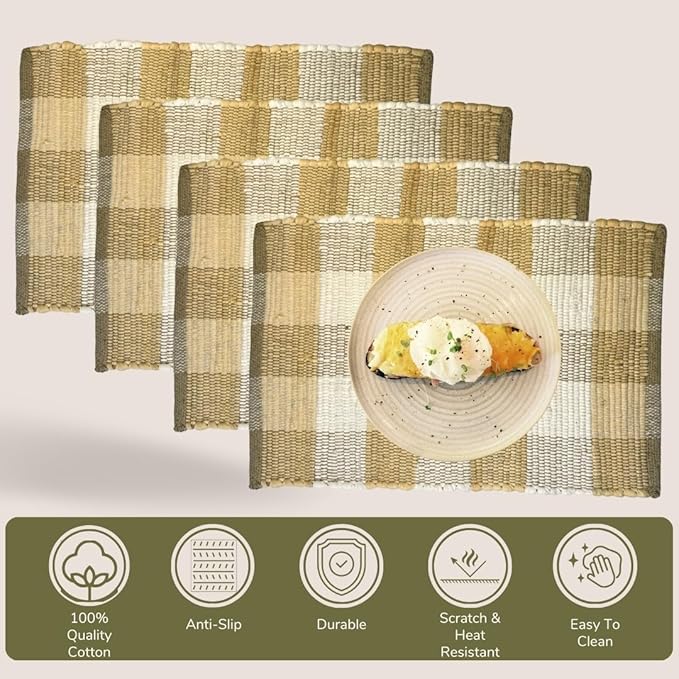 Perilla Home Cotton Placemat Set of 4 Table Mats for Kitchen Dining Home Decor Vintage Boho Rectangle Placemats (Beige and White 13"x19")