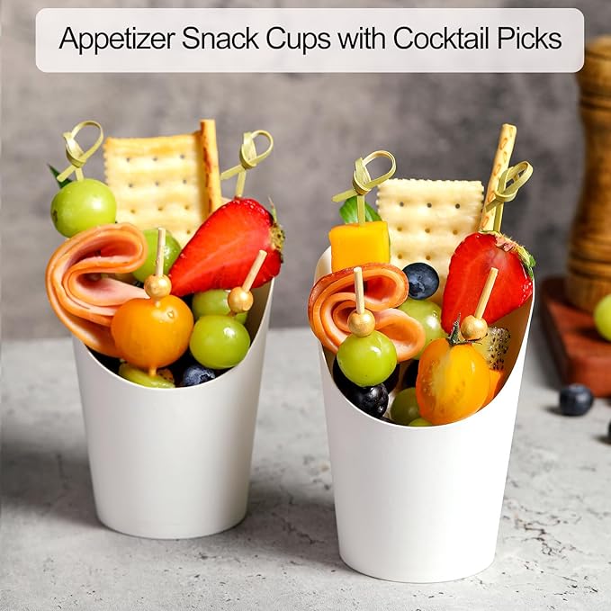 Disposable Charcuterie Cups 120 PCS with 200PCS Sticks and 120PCS Bags, 14 oz Kraft Paper Snack Boxes Appetizers Cup French Fry Holder with Cocktail Skewers Toothpicks Tooth Picks, White