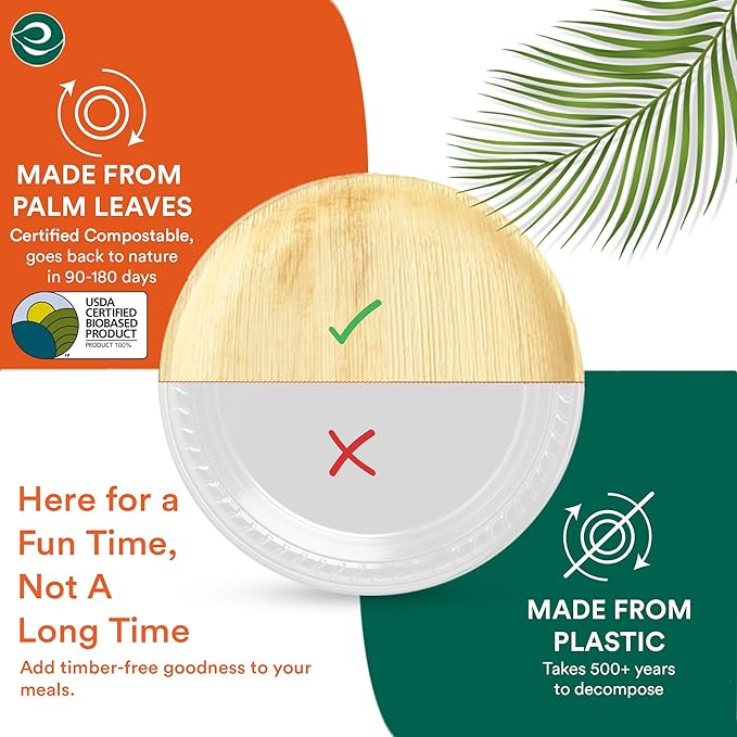 ECO SOUL Palm Leaf Disposable Bamboo Plates 10" Round Compostable & Biodegradable Party Plates for Dinner, Weddings, Parties & Events 50 Count