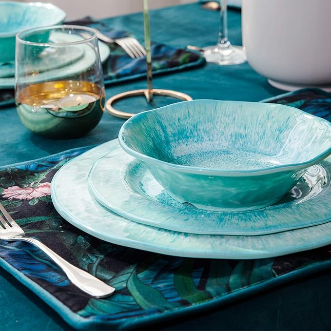 12 Pcs Melamine Dinnerware Sets, Durable Dishware Melamine Dinner Plates for Indoor and Outdoor, Aqua Plates and Bowls Sets, Dishwasher Safe Shatter Proof Chip Resistant Not Microware Not Oven(Green）