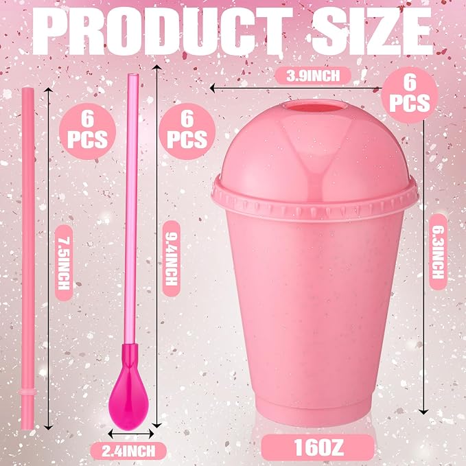 6 Set Slushie Cups with Dome Lids and Straws Detachable Spoon Straws Reusable - Image 2