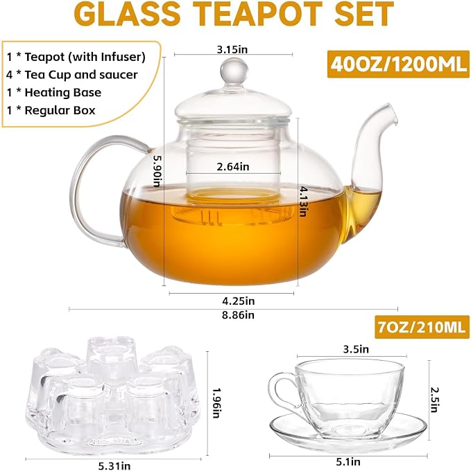 Glass Teapot Set, 40OZ/1200ml Stovetop Safe Glass Tea Kettle - Image 5