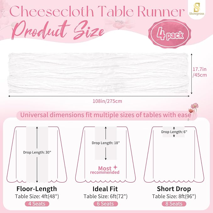 Showgeous 4 Pack White Cheesecloth Table Runner, 17 x 108 Inches | Boho - Image 2