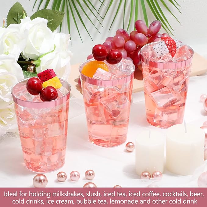 Patelai 100 Pcs Valentine's Day Plastic Cups 12 oz Pink Rimmed Plastic Cups Heavy Duty Disposable Wine Glasses Clear Pink Cocktail Glasses Drinking Tumblers for Galentines Day Party Wedding