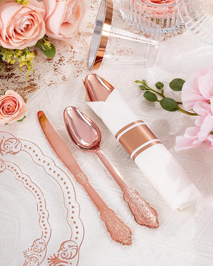 Ciaell 350 PCS Rose Gold Plastic Plates - Rose Gold Disposable Plates Dinnerware Include 50 Disposable Plate, 50 Heavy Duty Silverware, 50 Cups, 50 Napkins for Wedding & Party & Anniversary