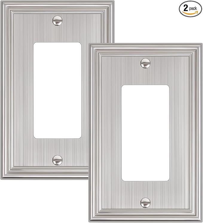 2-Pack Decorator Outlet Cover Plate, Brushed Nickel Decorative Switch Plates and Outlet Covers, Durable Zinc Alloy Wall Plates for Electrical Outlets, Receptacle, GFCI Outlet, Dimmer Switch