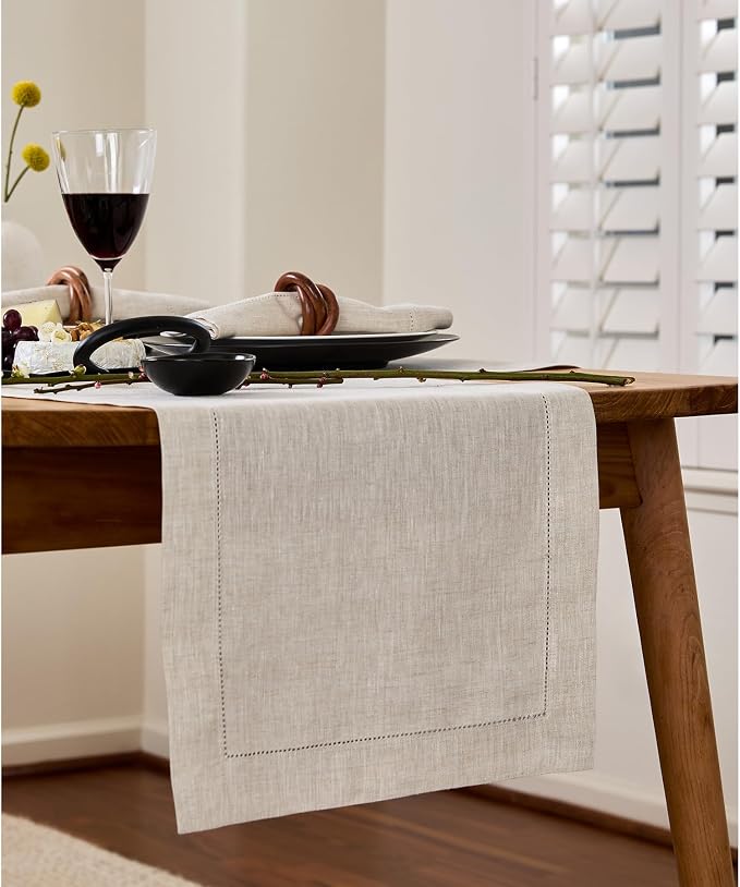 Solino Home 100% Linen Table Runner Natural, Classic Hemstitch 14 x 90 in | - Image 2