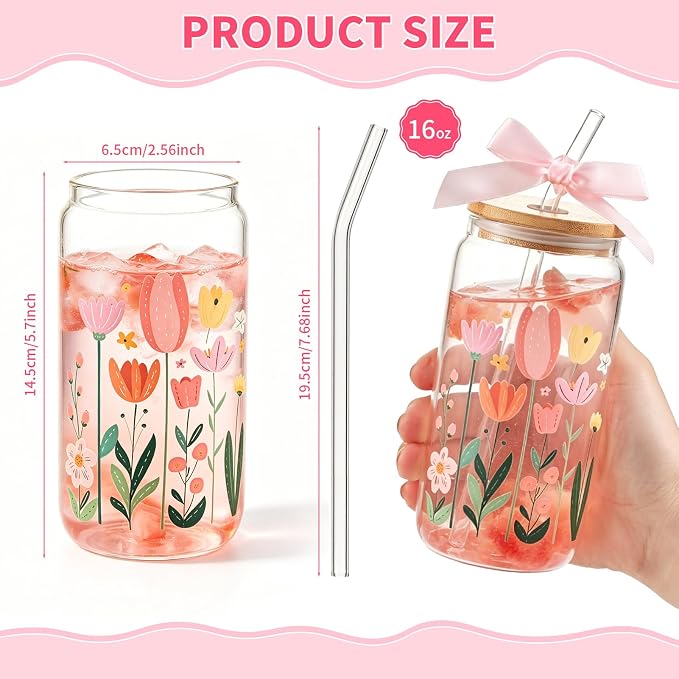 8 Set Floral Glass Cups with Lids and Straws, 16oz Flower Coffee Cup | Gifts - Image 2
