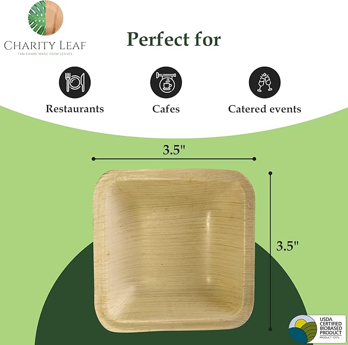 Charity Leaf Disposable Palm Leaf 3.5" Square Mini Bowl (25 pcs) Dipping Bowls | Bamboo Like| All Natural and Biodegradable | Charcuterie Boards, BBQs, and Parties