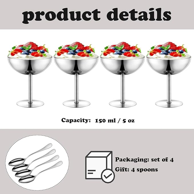 Ice Cream Bowls Stainless Steel Dessert Cups with Spoons Reusable Footed Sundae Cups Ice Cream Cups for Dessert, Frozen Yogurt, Gelato, Birthday Party Decorations (4, Silve)