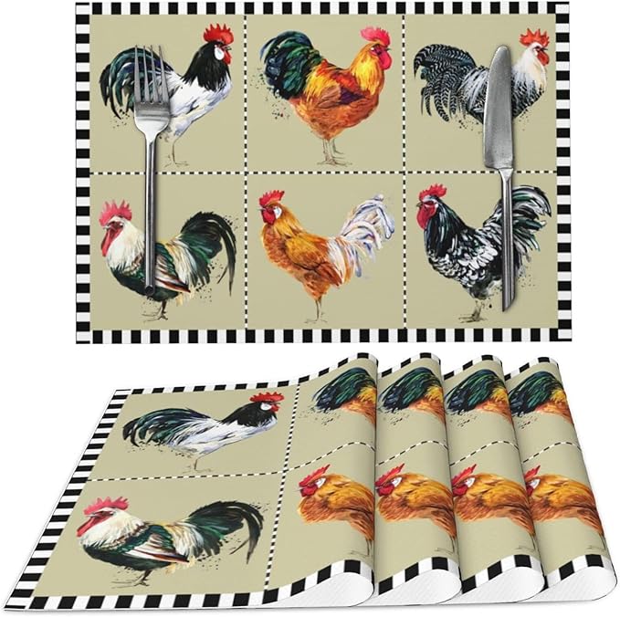 Farmhouse Rooster Placemats Set of 4 Washable Table Place Mats for Dining Kitchen Party Decor