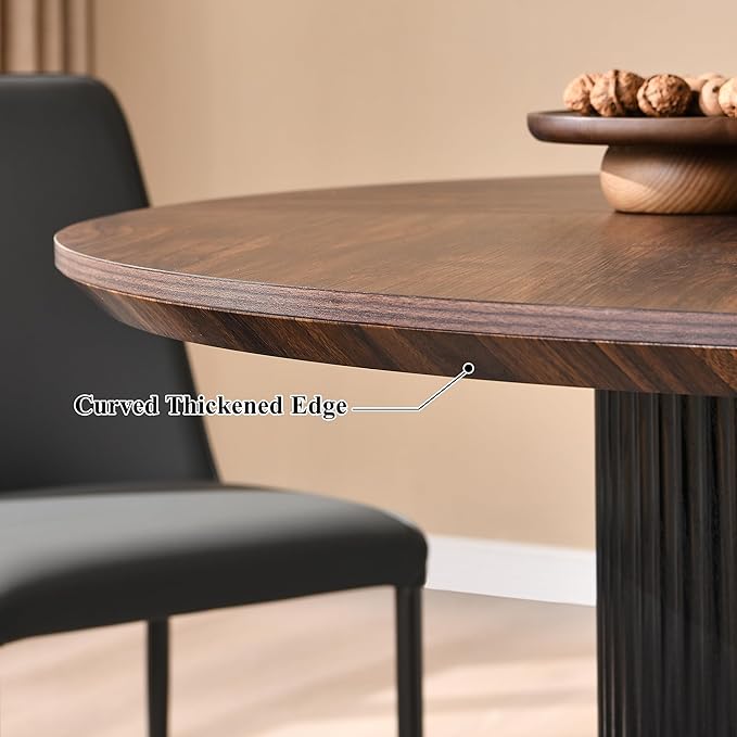 T4TREAM 47" Fluted Round Dining Table for 4-6, Mid-Century Modern Kitchen Table with Thickened Edge & Cylindrical Base for Dining Room, Kitchen, Living Room,Walnut & Black(Table Only)