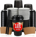 120 Pack 16 oz Paper Coffee Cups Set, Disposable Black Coffee Cups with Lids, Sleeves and Stirring Sticks, Fit For Cold and Hot Drinks