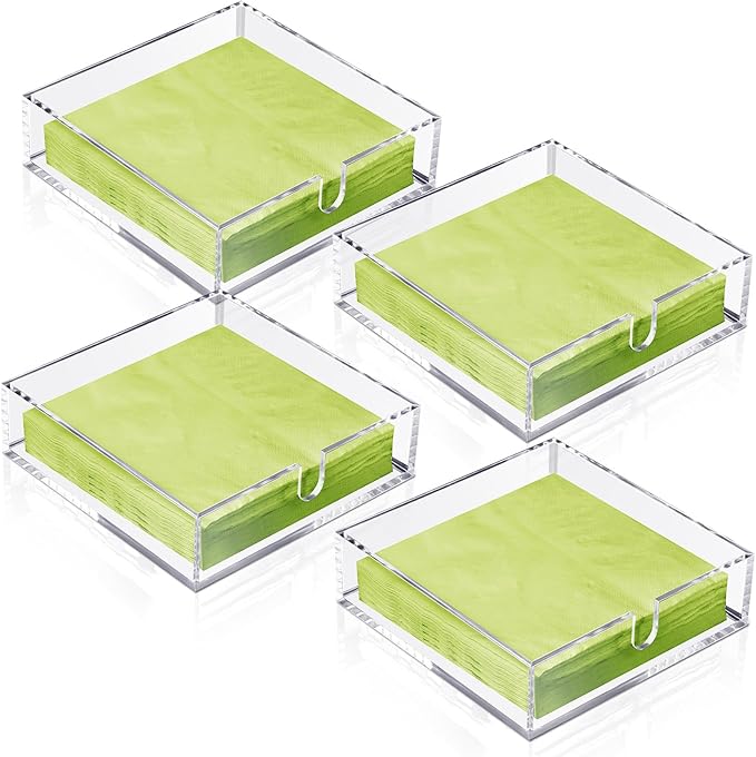 Acrylic Cocktail Napkin Holder for Table, Clear Beverage Napkin Holder Square Rectangle for Dinner, Kitchen, Bathroom, Restaurant, Bar (4 Pieces, 7 x 7 Inch)