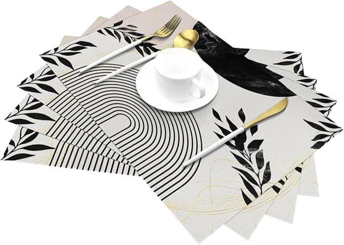 Boho Mid Century Leaf Placemats,Arch Sun Design,Minimalistic Leaves Pattern Luxurious Washable Place Mats 12x18Inch for Dining Kitchen Farmhouse Decor 4 PCS