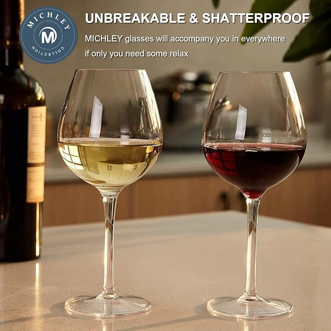 MICHLEY Unbreakable Red Wine Glasses 17 oz, Tritan Plastic Reusable Stemware for Indoor and Outdoor Use, Set of 2