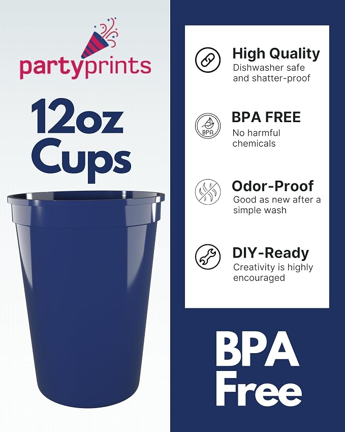 PartyPrints 100 Pack Small 10 to 12 oz Navy Blue Reusable Blank Plastic Cups - Image 2