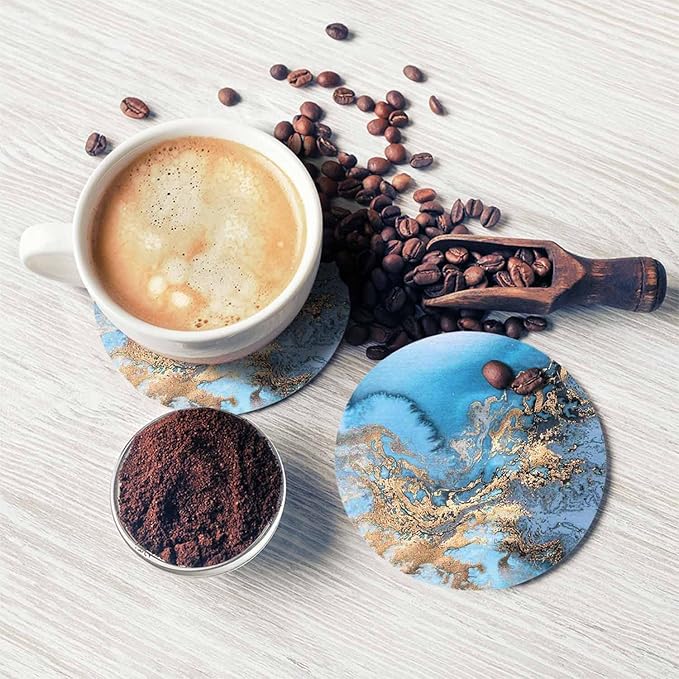 Blue Marble Art Painting Coasters for Coffee Table Colorful Abstract Liquid Marbling Mix of Acrylic Housewarming Presents for Women Men Home Decor Office Kitchen Living Room 2 Pcs