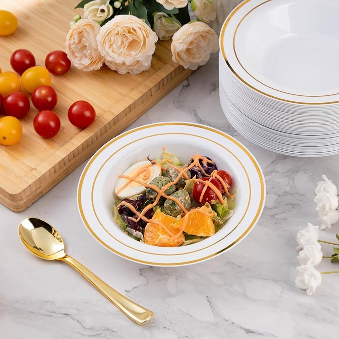 Goodluck 25 Pack Plastic Bowls with Gold Rim, 12oz Disposable Soup Bowls, Heavy Duty Dessert Bowls for Weddings, Parties, Dinners, Catering, Thanksgiving and Everyday Use