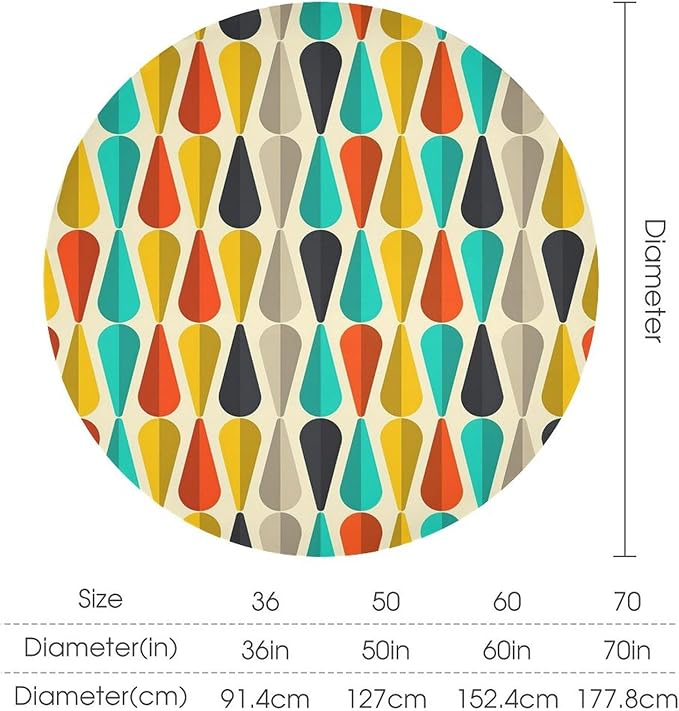 Vintage Bohemian Mid Century Round Tablecloth, Retro 50s 60s Geometric Pattern Print Tablecloth for Home Party Dining Room Kitchen Decor 36Inch(90cm)