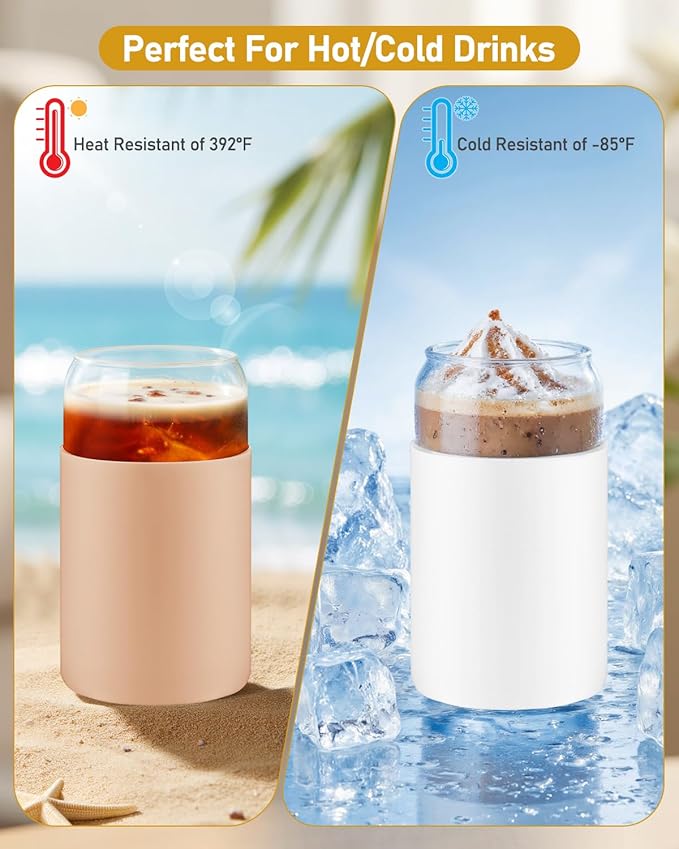 sungwoo Glass Cups with Lids and Straws, 4 Pack 16OZ Iced Coffee Cups with Silicone Sleeve, Glass Tumbler with Straw and Bamboo Lid, Home Essential Drinking Set for Juice, Cocktail and Latte 4 Colors