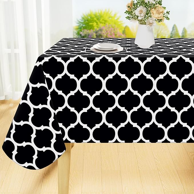 Smiry Rectangle Table Cloth, Waterproof Vinyl Tablecloth with Flannel Backing for Rectangle Tables, Wipeable Spillproof Plastic Tablecloths for Dining, Camping, Indoor and Outdoor (52"x70", Black)