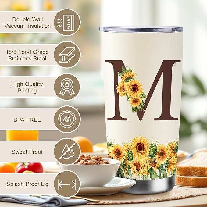 Sunflower Gifts for Women - Personalized Christmas Gifts for Women - Birthday Gift for Woman - Mothers Day Gift for Mom - Monogrammed, Initial 20oz Travel Cup Insulated Tumbler with Lid, M
