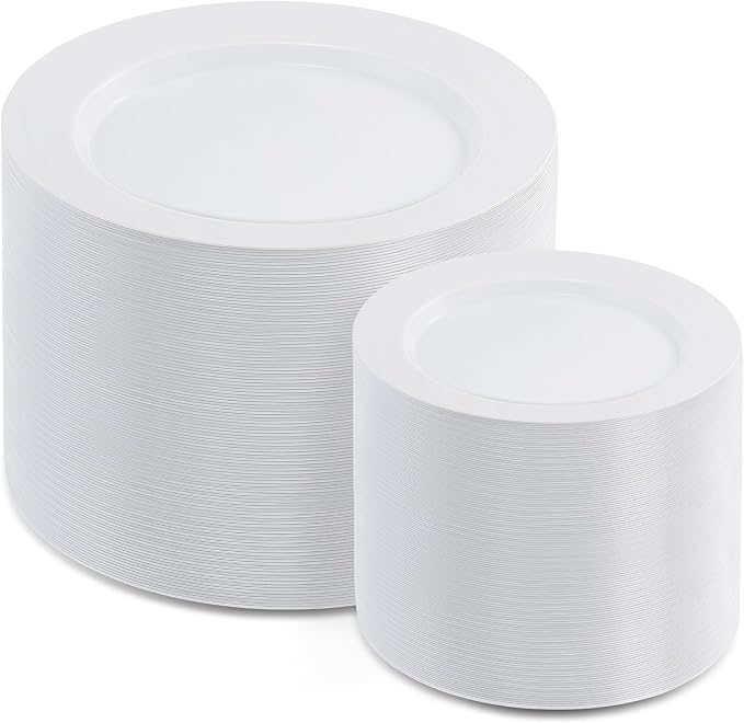 AOZITA 200 PCS White Plastic Plates, Premium Heavy Duty Disposable Plates by AOZITA
