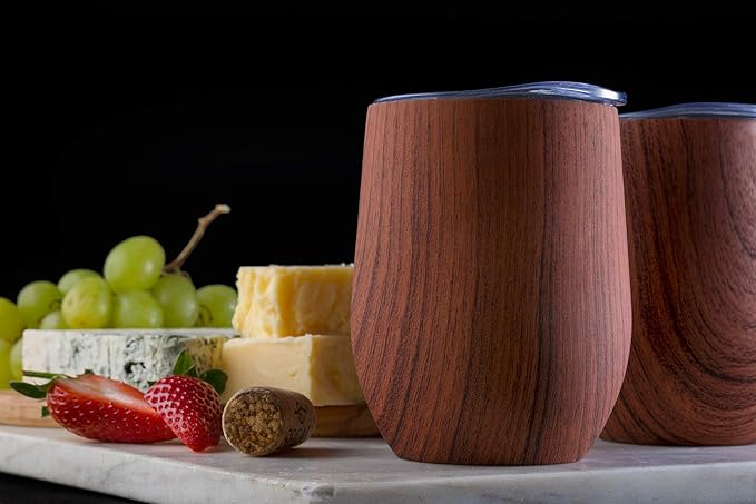 CHILLOUT LIFE 12 oz Stainless Steel Wine Tumblers 2 Pack - Double Wall Vacuum Insulated Wine Glasses Cups with Lids and Straws Set Keeping Cold & Hot for Coffee, Beer, Ice Cream - Wood Pattern