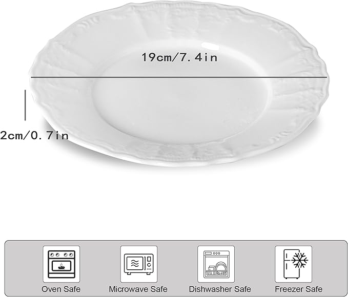 Neaylfe 8 Piece Embossed Ceramic Appetizer & Dessert Plates, 7.4 Inch White Round Dinner Plates for Salad, Snack, White Kitchen Dinnerware Dishes Set, Dishwasher & Microwave Safe