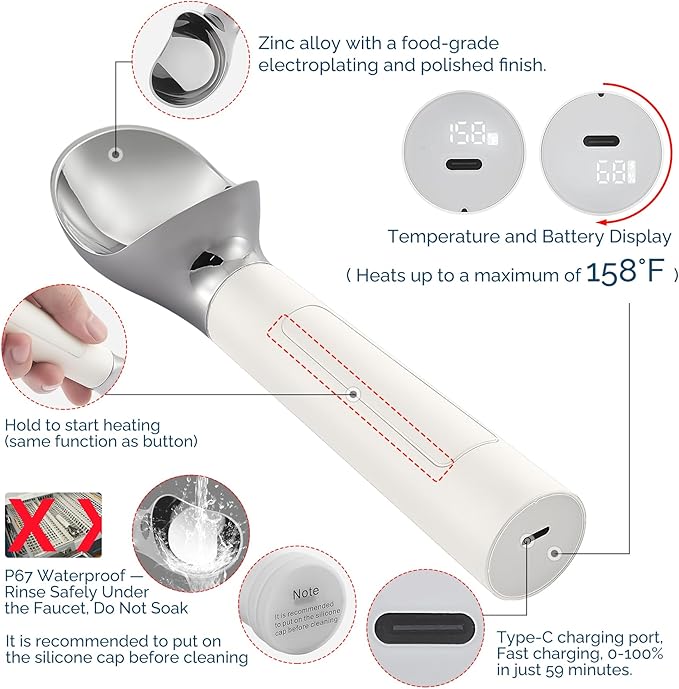 Heated Ice Cream Scoop Rechargeable, Electric Warming Ice Cream Scooper with LED Display, Heats to 158°F for Hard Ice Cream, Easy for Seniors & Kids, IP67 Waterproof (White, 2 oz)