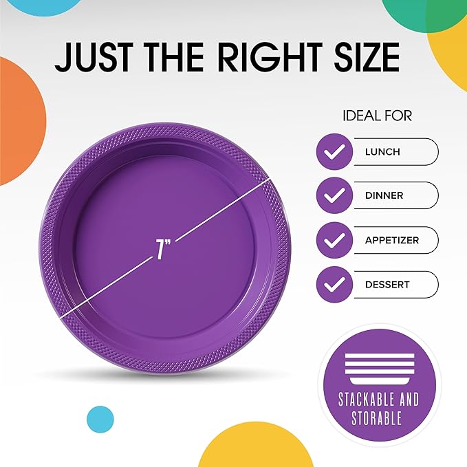Purple Plastic Plates For Party 7" Purple Disposable Plates Heavy Duty 100 Pcs Plastic Dinnerware Sets Heavy Duty 350 GSM Disposable Dinnerware Set