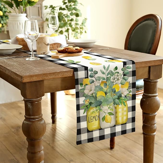 Black Buffalo Check Summer Table Runner 13 x 36 Inch, Lemon Vase Spring - Image 4