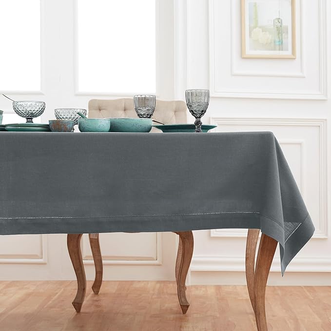 Solino Home Linen Tablecloth 52 x 52 Inch - 100% Pure Linen Charcoal Grey Square Tablecloth - Milan Hemstitch, Machine Washable Table Throw for Winter