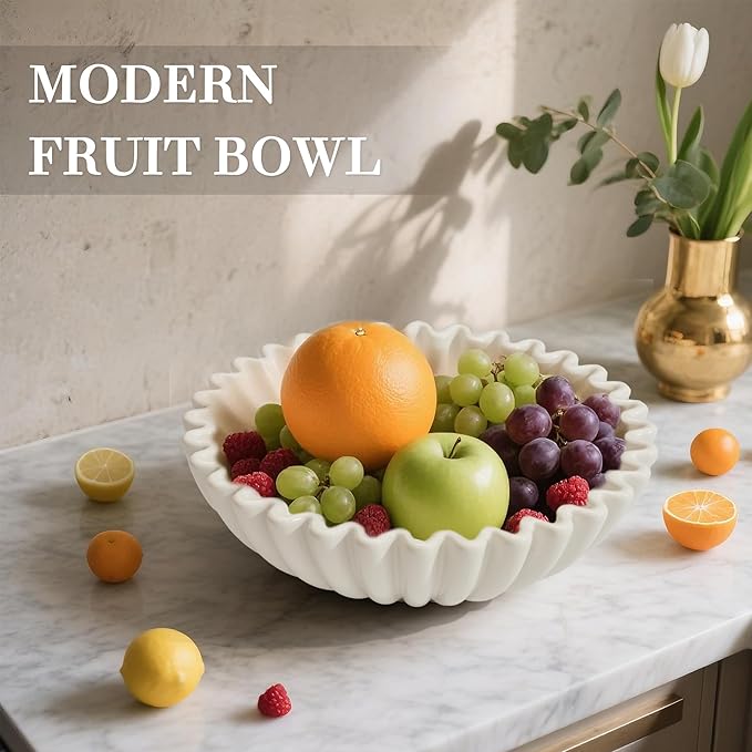 Large Decorative Bowl, White Ceramic Fruit Bowl for Kitchen Counter, Key Bowls for Entryway Table, Modern Coffee Table Home Decor, Scalloped Handmade Artwork